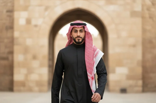 Saudi Man in Black Thobe at Heritage Stone Archway