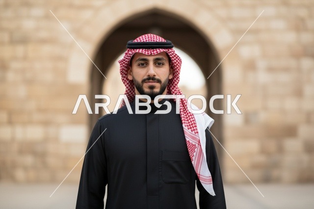 بورتريه لرجل سعودي بالثوب الأسود والشماغ الأحمر