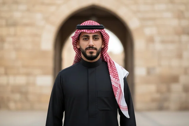 بورتريه لرجل سعودي بالثوب الأسود والشماغ الأحمر