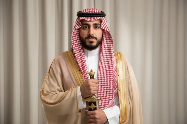 رجل سعودي بالبشت والشماغ التقليدي يحمل خنجراً