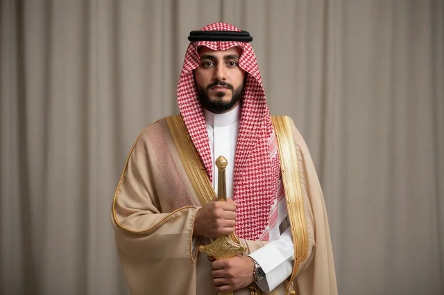 Saudi Man in Traditional Bisht Holding Golden Sword