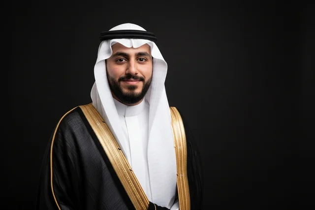 Saudi Man Wearing Traditional Bisht on Black Background