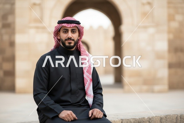 رجل سعودي بالثوب الأسود والشماغ في موقع تراثي