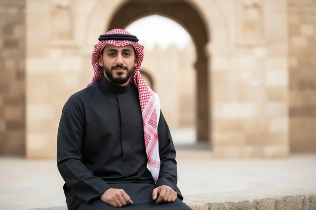 Saudi Man in Black Thobe and Red Shemagh Heritage Site