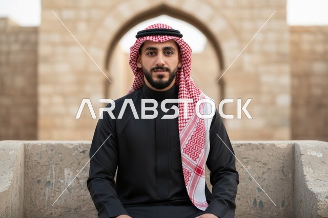 رجل سعودي بالثوب الأسود في موقع تراثي