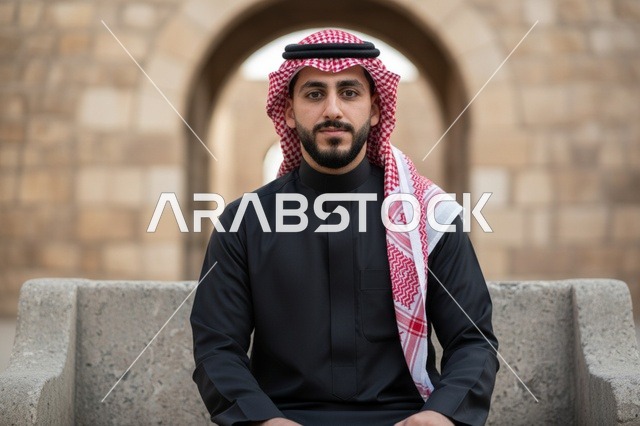 رجل سعودي بالثوب الأسود والشماغ الأحمر أمام مبنى تراثي