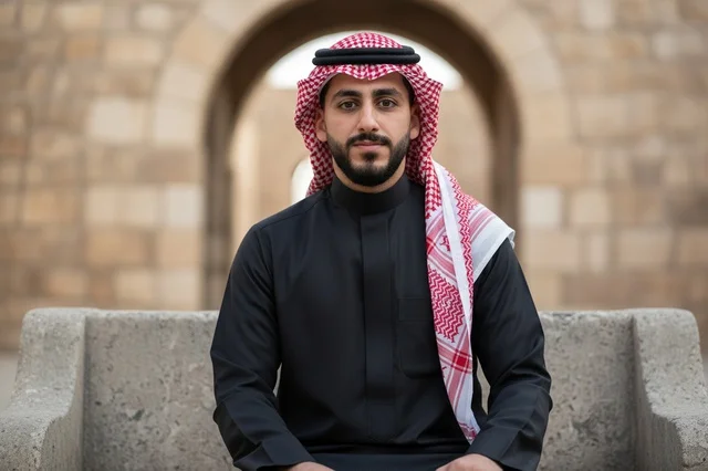 Saudi Man in Black Thobe and Red Shemagh Portrait