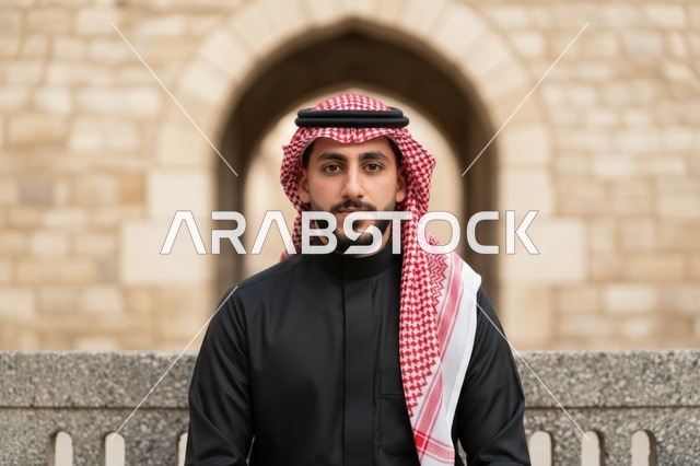 رجل سعودي بالثوب الأسود والشماغ الأحمر في موقع تراثي