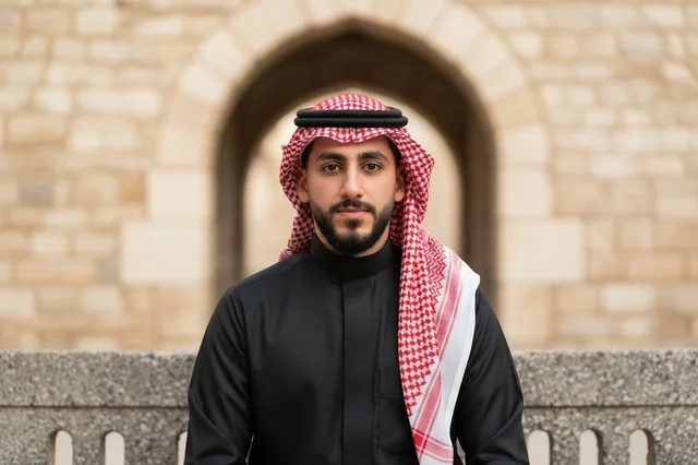 Saudi Man in Black Thobe and Red Shemagh at Heritage Site
