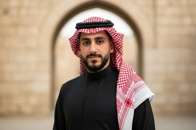رجل سعودي بالثوب الأسود والشماغ الأحمر التقليدي
