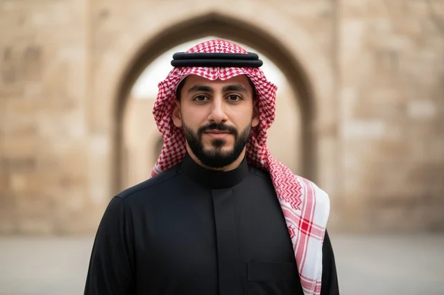 Saudi Man in Black Thobe and Shemagh Portrait