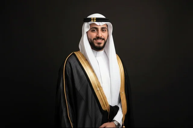 رجل سعودي بالبشت الأسود والثوب الأبيض التقليدي