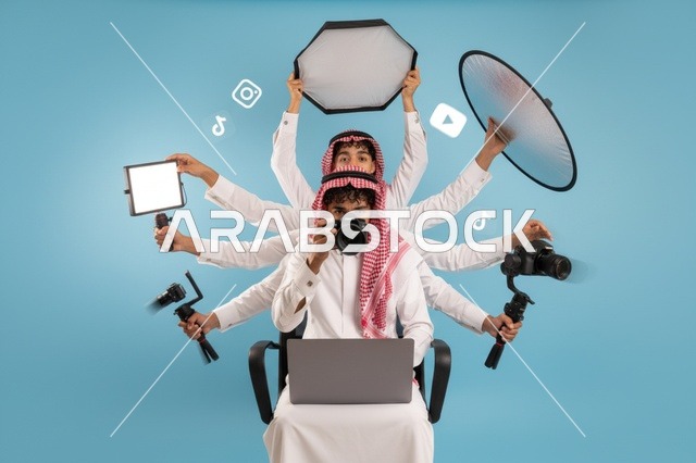 Saudi Content Creator Multitasking with Video Equipment
