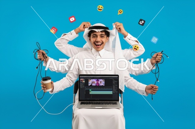 Saudi Content Creator Multitasking on Laptop Blue Background