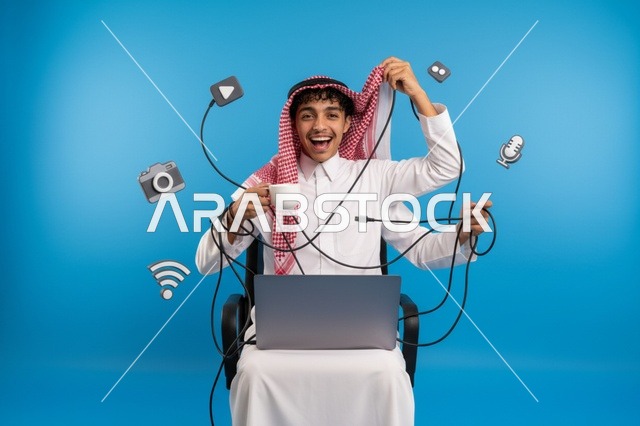 Saudi Man Multitasking with Multiple Arms and Laptop