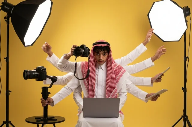 Saudi Photographer Multitasking in Professional Studio