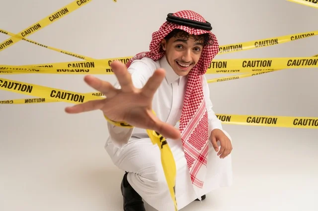 شاب سعودي خلف أشرطة تحذير صفراء في الاستوديو