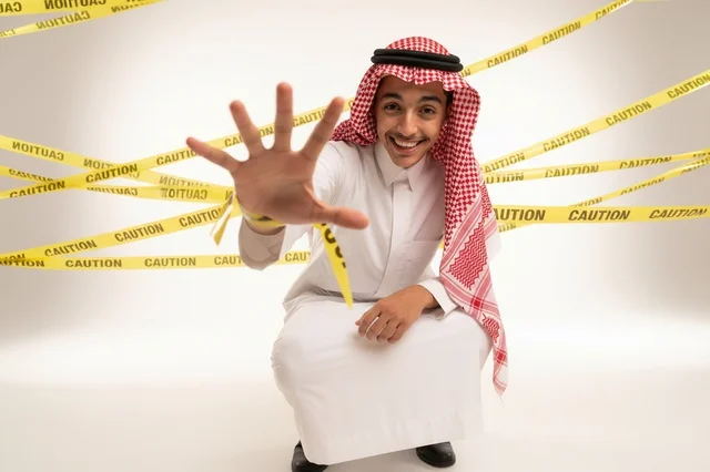 Saudi Man with Caution Tape and Stop Gesture
