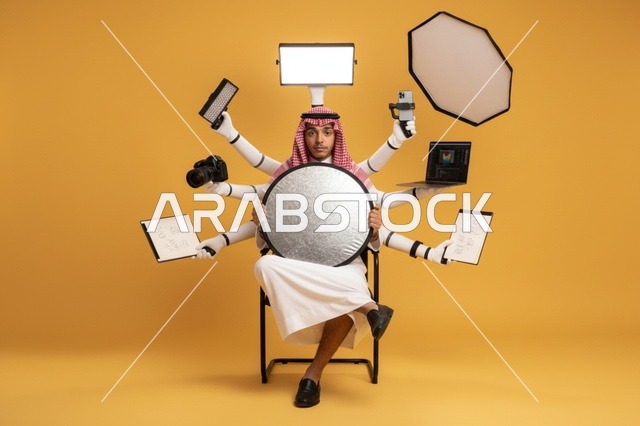 رجل سعودي مع أذرع آلية ومعدات تصوير فوتوغرافي