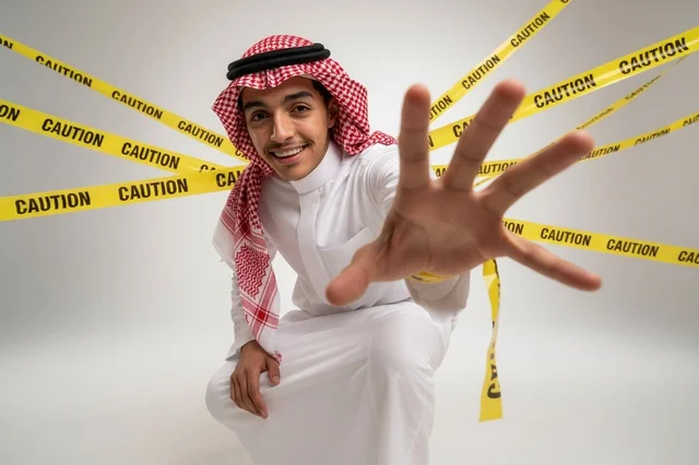 رجل سعودي مع أشرطة تحذير في استوديو أبيض