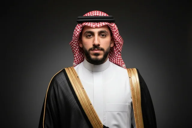 A Saudi man wearing a traditional bisht and shemagh.