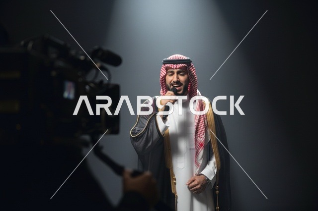 رجل سعودي يغني في استوديو إعلامي محترف