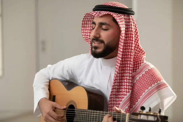 رجل سعودي بالزي التقليدي يعزف على الجيتار