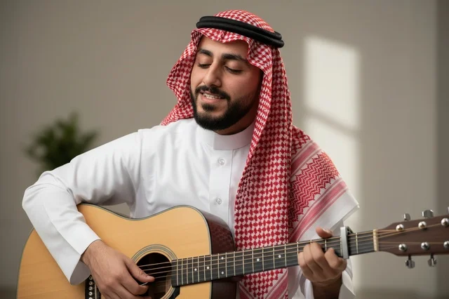 شاب سعودي بالزي التقليدي يعزف على الجيتار الصوتي شاب سعودي بالزي التقليدي يعزف على الجيتار الصوتي