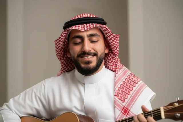 Saudi Man Playing Acoustic Guitar in Traditional Dress