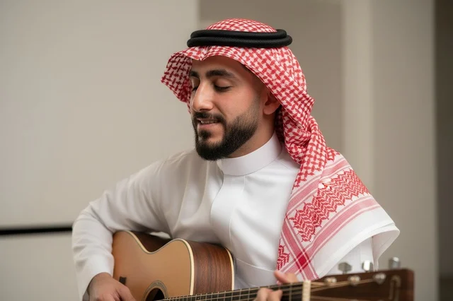 رجل سعودي بالزي التقليدي يعزف على الجيتار