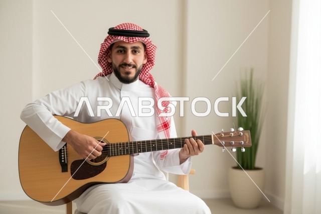 رجل سعودي بالزي التقليدي يعزف على الجيتار الصوتي