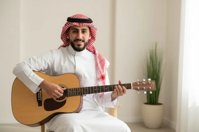رجل سعودي بالزي التقليدي يعزف على الجيتار الصوتي