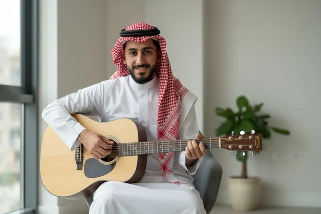 شاب سعودي بالزي التقليدي يعزف على الجيتار