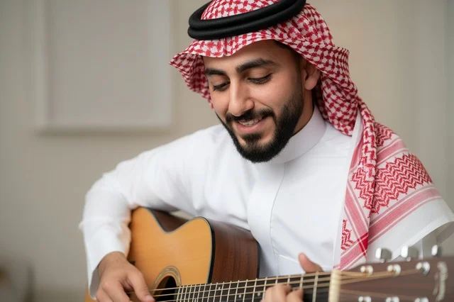 رجل سعودي بالزي التقليدي يعزف على الغيتار