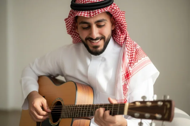 رجل سعودي بالزي التقليدي يعزف على الجيتار