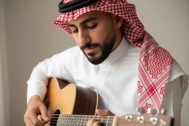 رجل سعودي بالزي التقليدي يعزف على الغيتار