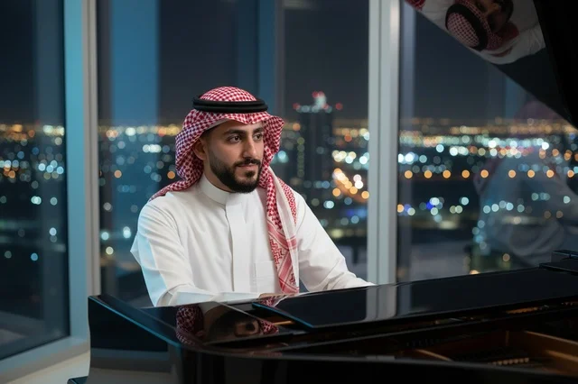 Saudi Man Playing Grand Piano by City Skyline at Night