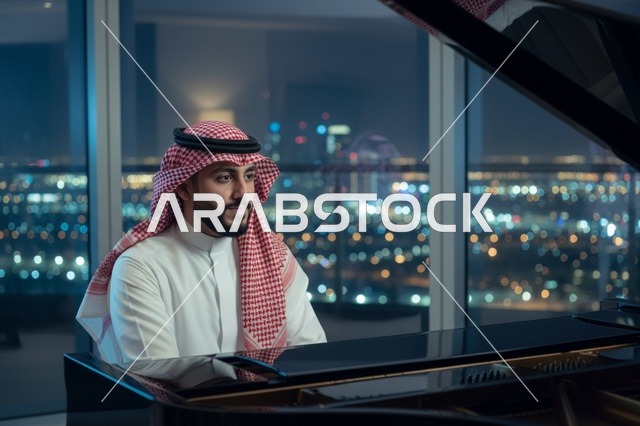 رجل سعودي يعزف البيانو أمام أضواء المدينة ليلاً