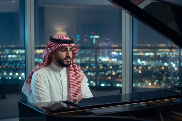 رجل سعودي يعزف البيانو أمام أضواء المدينة ليلاً