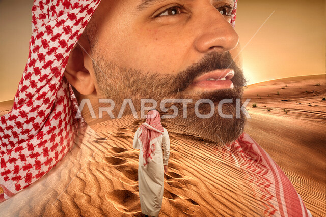 صورة لرجل عربي خليجي سعودي يتطلع لتحقيق رؤية مستقبلية أفضل مدموجة بخلفية لصحراء السعودية ، التنمية المستدامة في الصحراء ، مواكبة التطلعات و مواجهة التحديات ، تحقيق الطموحات ، رؤية 2030