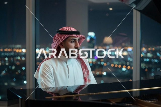 رجل سعودي يعزف البيانو أمام إطلالة مدينة ليلية