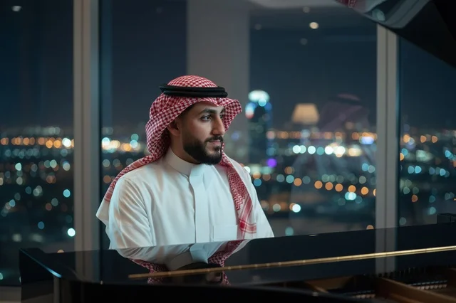 Saudi Man Playing Piano with City Skyline at Night