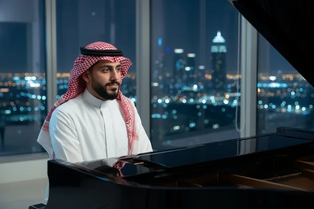 Saudi Man Playing Grand Piano at Night Cityscape