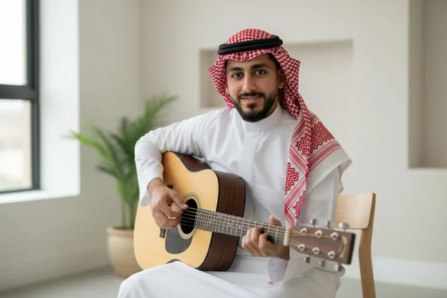 Saudi Man Playing Acoustic Guitar in Traditional Thobe Saudi Man Playing Acoustic Guitar in Traditional Thobe