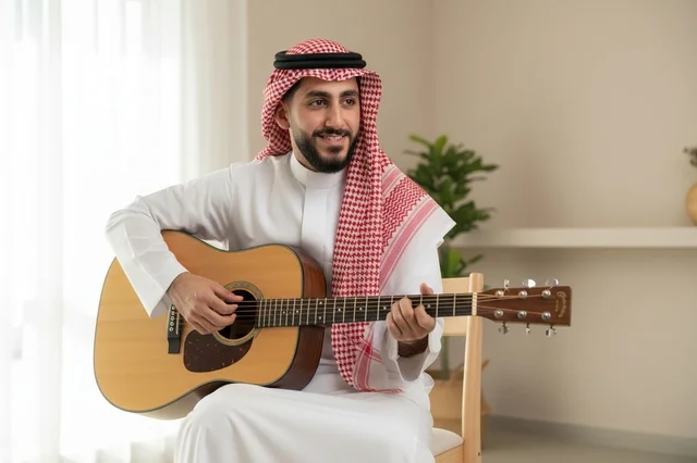 رجل سعودي بالزي التقليدي يعزف على الجيتار