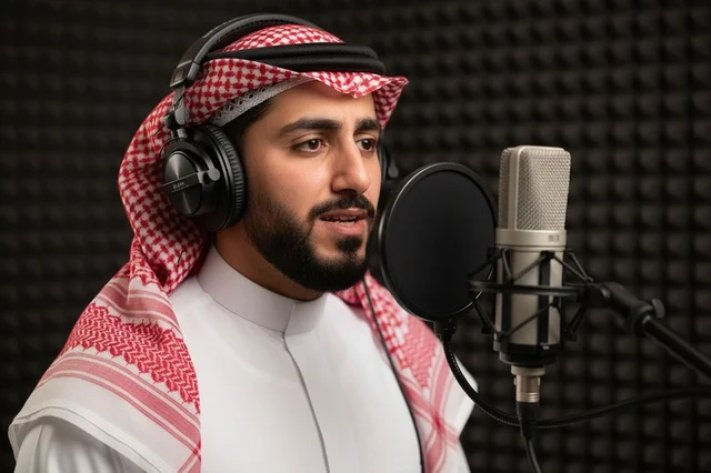 Saudi Man Recording Voiceover in Professional Studio