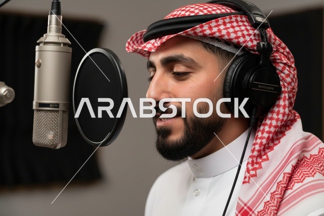 رجل سعودي في استوديو تسجيل مع ميكروفون