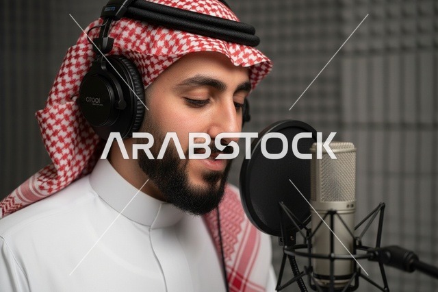 رجل سعودي يسجل صوتاً في استوديو احترافي