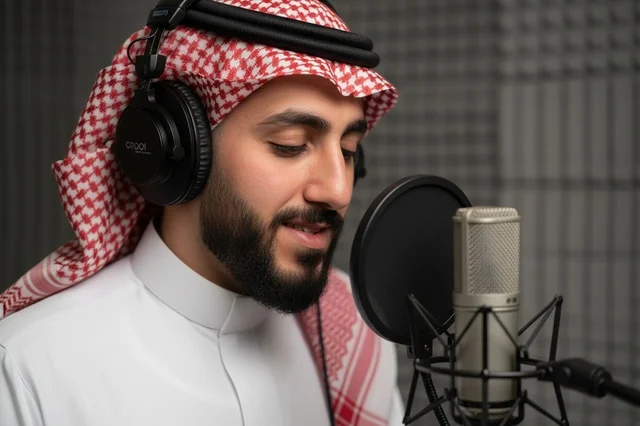 Saudi Man Recording Audio in Professional Studio Saudi Man Recording Audio in Professional Studio