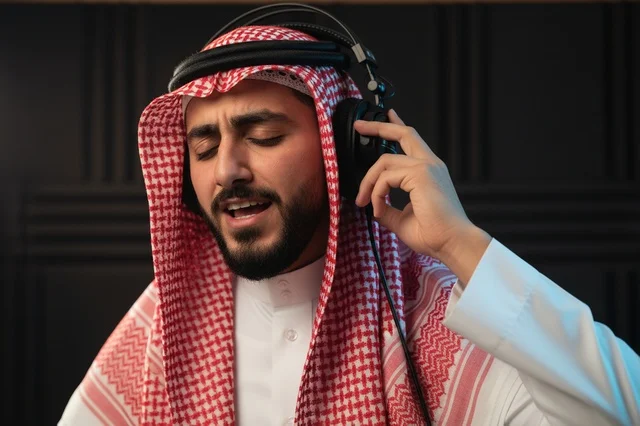 رجل سعودي يرتدي الزي التقليدي وسماعات استوديو